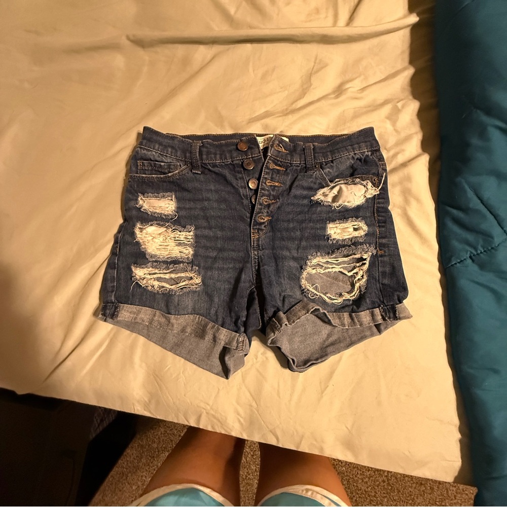 Mudd High-Rise Midi Distressed Blue Denim Shorts